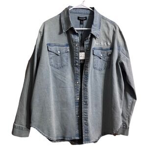 True Religion Georgia LS Denim Shirt Light Bliss Wash Logo Embroidered Women XL